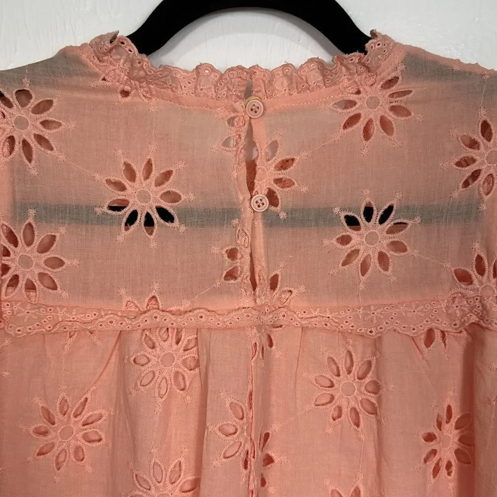 Entro Cotton Eyelet Embroidered Short Sleeve Top Blouse In Peach Size M - Picture 5 of 10